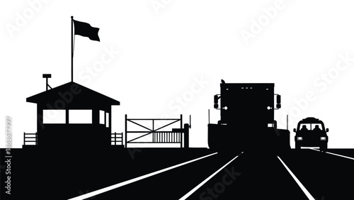 a stark black and white illustration depicts a border crossing with a guardhouse truck and gate
