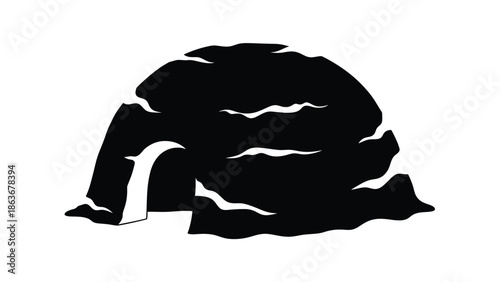 a striking black and white silhouette depicts a rocky landscape with a cave opening suggesting mystery