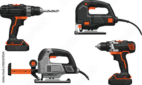 Set of cordless power tools including drills and jigsaws, professional construction workshop equipment, flat vector illustration design icons collection modern
