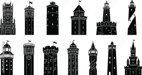 Set of various historical, medieval, and fantasy architecture silhouettes including clock towers, lighthouses, and fortified castle towers vector illustration