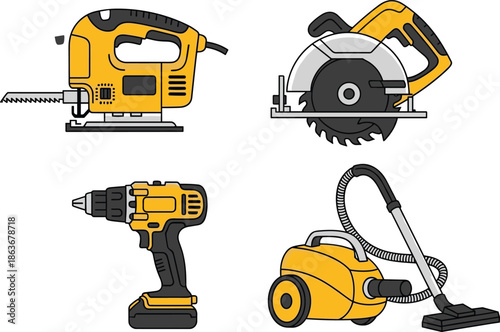 Set of power tools including jigsaw circular saw drill vacuum cleaner, construction and home repair equipment, flat vector illustration design