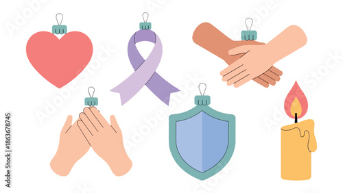Symbols of Strength and Solidarity: A collection of symbolic ornaments, including a heart, a ribbon, clasped hands, praying hands, a shield, and a candle, representing unity, support, and remembrance.