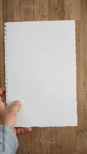 Hands Holding Blank White Paper Sheets on Wood Background, Presentation Mockup