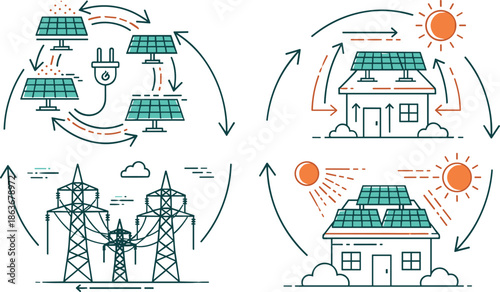 Solar energy cycle illustration showing panels homes grid sun and power flow, renewable electricity concept flat vector diagram design system