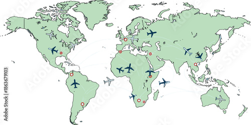 World map with global air travel routes and airplanes, international aviation network, logistics transportation concept, flat vector illustration design