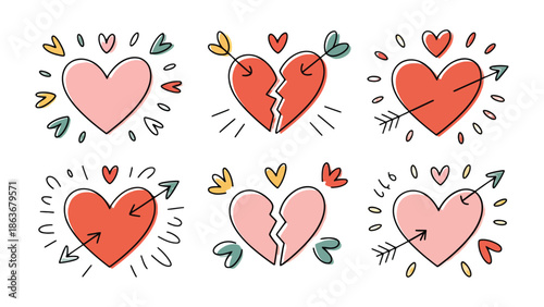 Love in Bloom: A vibrant collection of hearts, each symbolizing different facets of love - from joy and completeness to heartache and vulnerability. Explore the emotional spectrum of the heart.