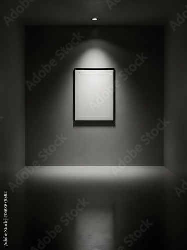 Monochromatic Interior Gallery Space with Illuminated Blank Frame Artwork