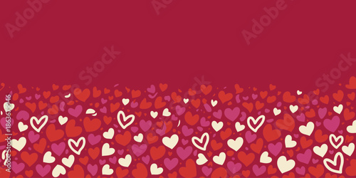 A solid red background features a dense border of small, varied hearts in shades of red, pink, and white