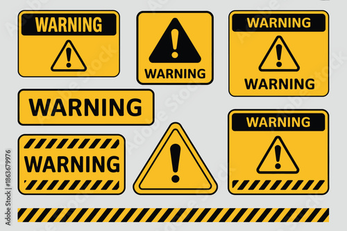 Industrial warning labels vector set, yellow and black safety icons with customizable text area, flat design isolated on white background, perfect for hazard signs, workplace safety, and instructional