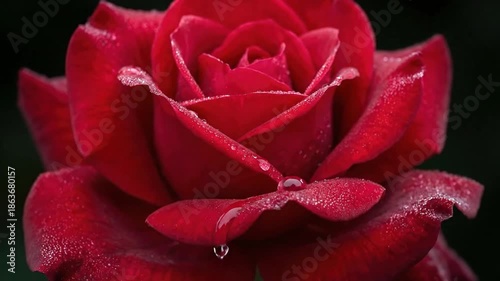 A captivating macro shot showcases the exquisite beauty of a vibrant red bloom, meticulously detailed with glistening water droplets clinging to its velvety petals. A single, prominent water drop slow