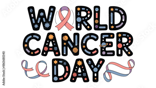 World Cancer Day Emblem: A vibrant emblem dedicated to World Cancer Day, featuring the words and a symbolic ribbon, creating a powerful visual to raise awareness and support.