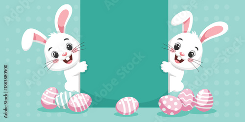Adorable cartoon Easter bunnies smiling from behind a customizable green message board with polka dot background