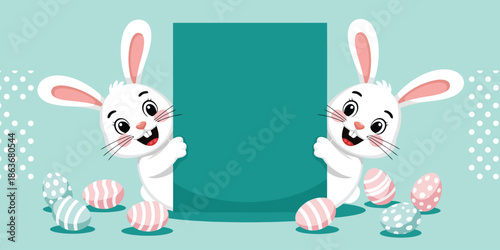 Adorable white cartoon bunnies peek around a teal banner with colorful striped and polka dot eggs