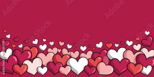 An engaging collection of red and white outlined hearts creates a charming decorative border on a deep magenta background