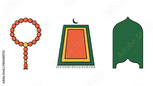 Serene Prayer Elements: An artistic composition showcases essential elements of prayer, including prayer beads, a prayer mat and a serene arch. Capturing faith and tranquility.