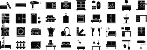 Home Furniture and Household Solid Icon Set – Interior Design, Kitchen Appliances, Living Room, Bedroom, Bathroom, and Home Decor Symbols