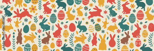 Colorful Easter pattern featuring playful bunnies, decorated eggs, and cheerful spring flowers on a light background