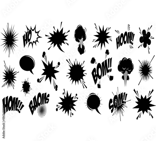 A collection of black comic book style explosion and speech bubble graphics on a white background