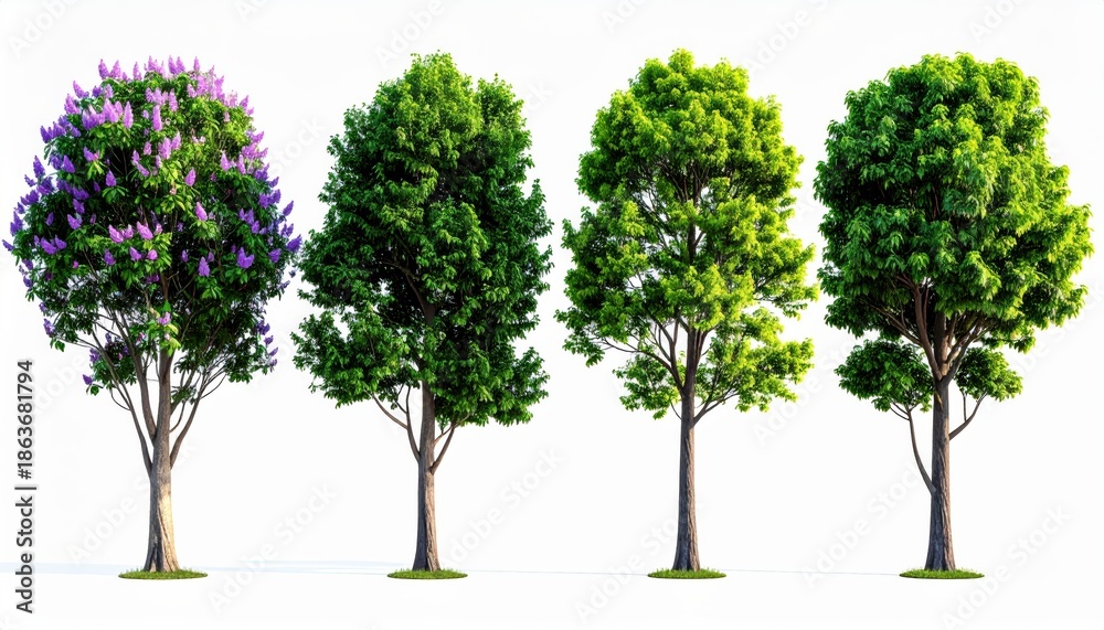 Fototapeta premium Variety of Trees Isolated on White Background Lush Foliage and Blooming Flowers