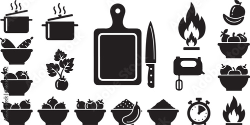 A collection of black kitchen icons on a white background