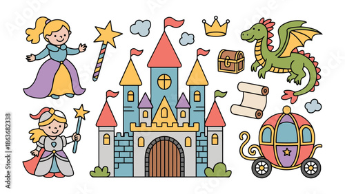 Fairy Tale Wonderland: A whimsical array of magical elements, including a majestic castle, enchanting princess, and a friendly dragon, inviting viewers to explore a world of imagination and fantasy.