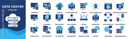 Data center icon collection set. Containing cloud computing, security, hosting, computer, internet, server, information technology icon