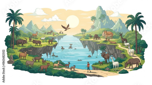 A colorful illustration of a tropical island with animals and people, featuring a river, mountains, and a sunny sky with clouds with nature