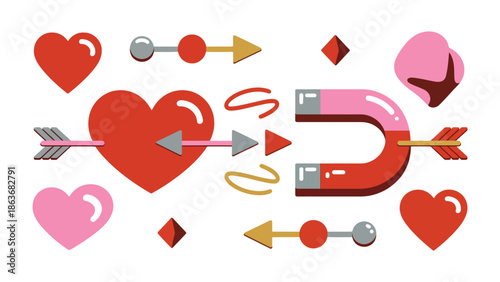 Love's Magnetic Field: An illustration capturing the essence of love through symbolic heart, arrow and magnet elements, symbolizing attraction, direction, and the pull of the heart's desires.