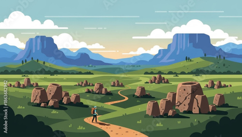 A lone traveler walks along a winding dirt path through a scenic landscape with unique rock formations, green hills, and majestic with nature