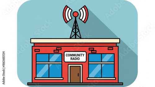 Community Radio Station Building with Antenna Tower on Roof