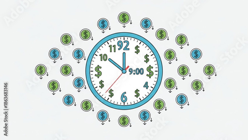A blue clock surrounded by dollar coins on white background showing 9 o'clock with money and time concept for business finance with investment