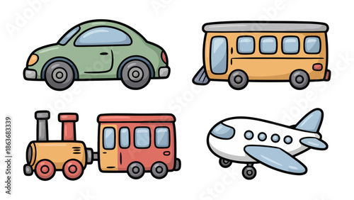 Transportation Variety: A playful illustration showcases a range of transport options, inviting viewers to explore diverse modes of travel, from cars to airplanes.