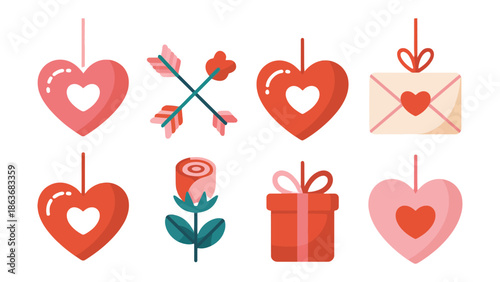 Love's Emblems: A collection of charming Valentine's Day decorations, symbolizing love and affection with hearts, arrows, gifts, and a single rose.