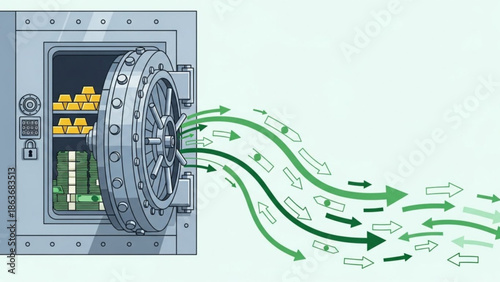 Money pouring out of a bank vault with gold bars and cash bills, symbolizing financial abundance and wealth transfer, with green with growth