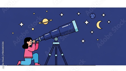 Woman Stargazing with Telescope under Starry Night Sky with Planets and Moon