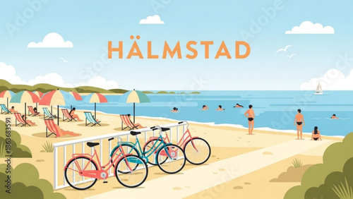 A serene beach scene with bicycles, colorful umbrellas, and people enjoying a sunny day by the calm waters of halmstad, sweden, with summer