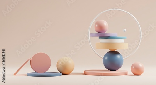 A delicate balance of simple geometric shapes on a pale background creating a serene minimal abstract composition with clean lines, geometric, geometry, visual