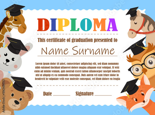 Graduation diploma for kids in kindergarten animals characters with academic hat vibrant design