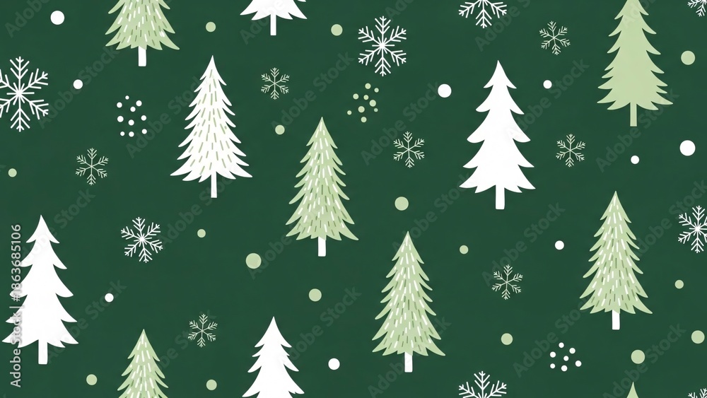 Obraz premium Festive Christmas Tree Pattern with Snowflakes and Dots on Green Background for Holiday Decorations and Seasonal Design Projects
