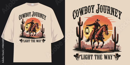 cowboy journey light the way vintage western desert horse rider graphic apparel t shirt design vector illustration artwork