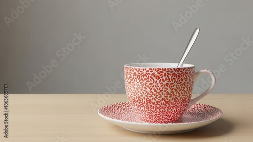 A speckled red and white coffee cup sits on a matching saucer with a small metal spoon inserted into the beverage area.