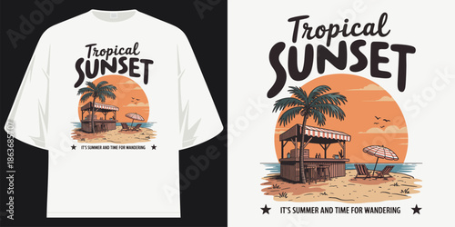 tropical sunset summer beach vacation wandering travel vibes graphic apparel t shirt design vector illustration artwork
