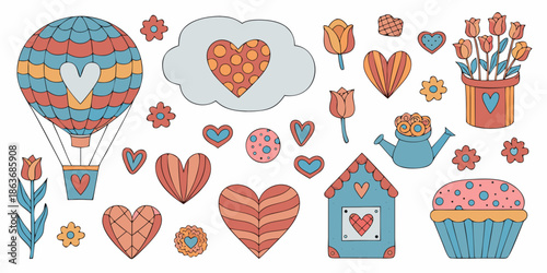 A charming collection of illustrated hearts flowers a hot air balloon and sweet treats