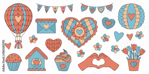 Colorful illustration featuring hot air balloon hearts and sweet treats for celebration