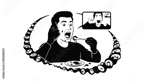 Man eating while on a video call, juggling work and life