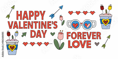 Happy valentine s day forever love with hearts arrows and drink illustrations