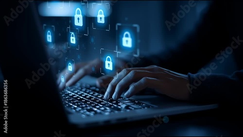 A person typing on a laptop with cybersecurity hologram icons hovering above, data protection theme, dramatic blue lighting.