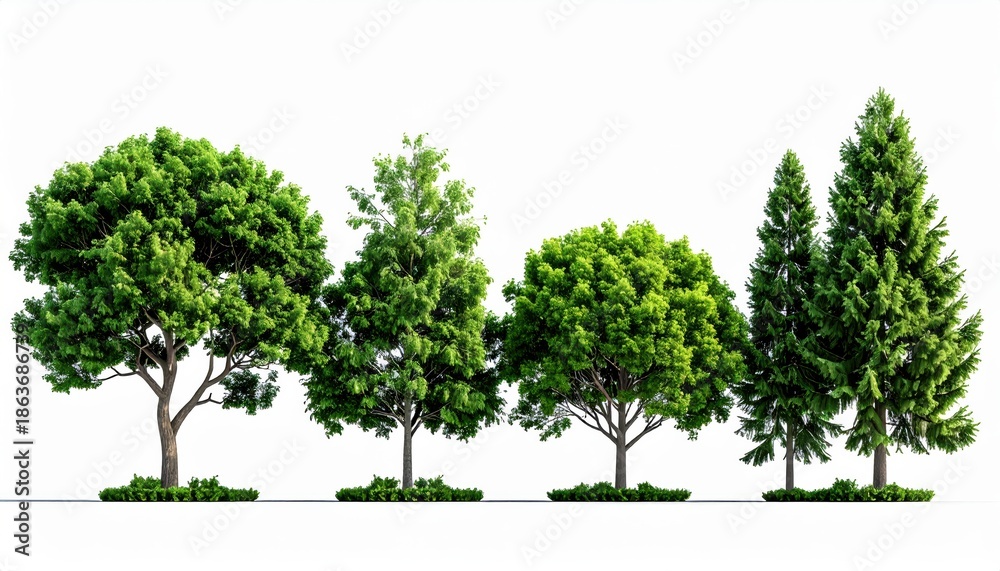Fototapeta premium Variety of Green Trees on White Background, Isolated, Nature, Landscape