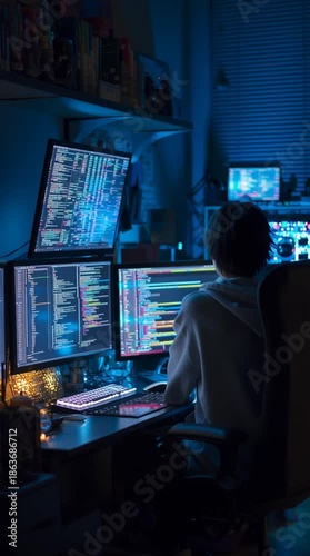 A software developer coding late at night with glowing monitors, startup culture atmosphere.