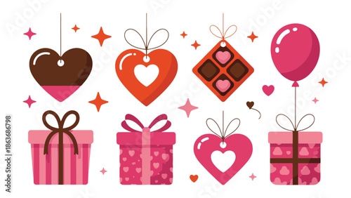 Love and Giving: A delightful array of hearts, chocolates, balloons and gifts, each symbolizing affection and generosity. It's a visual treat to celebrate moments of love and gift-giving.